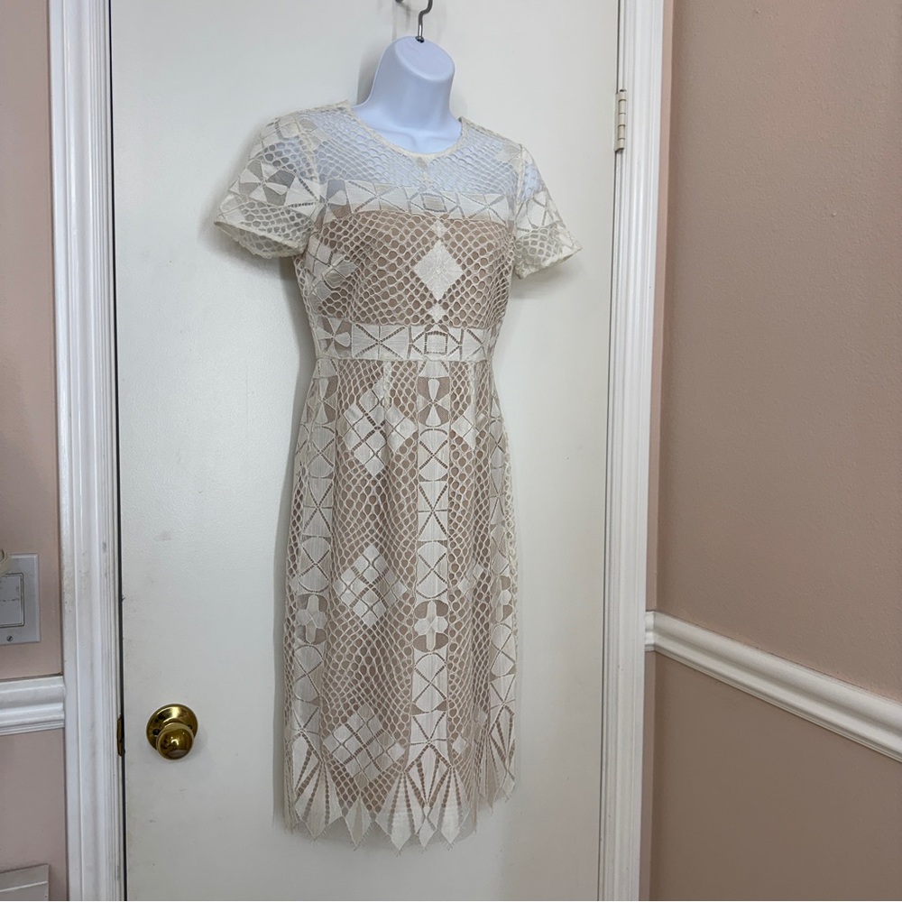 BCBG Max Azria Samara Geometric Lace Midi Dress White Ivory Nude Lined Sz 0 XS